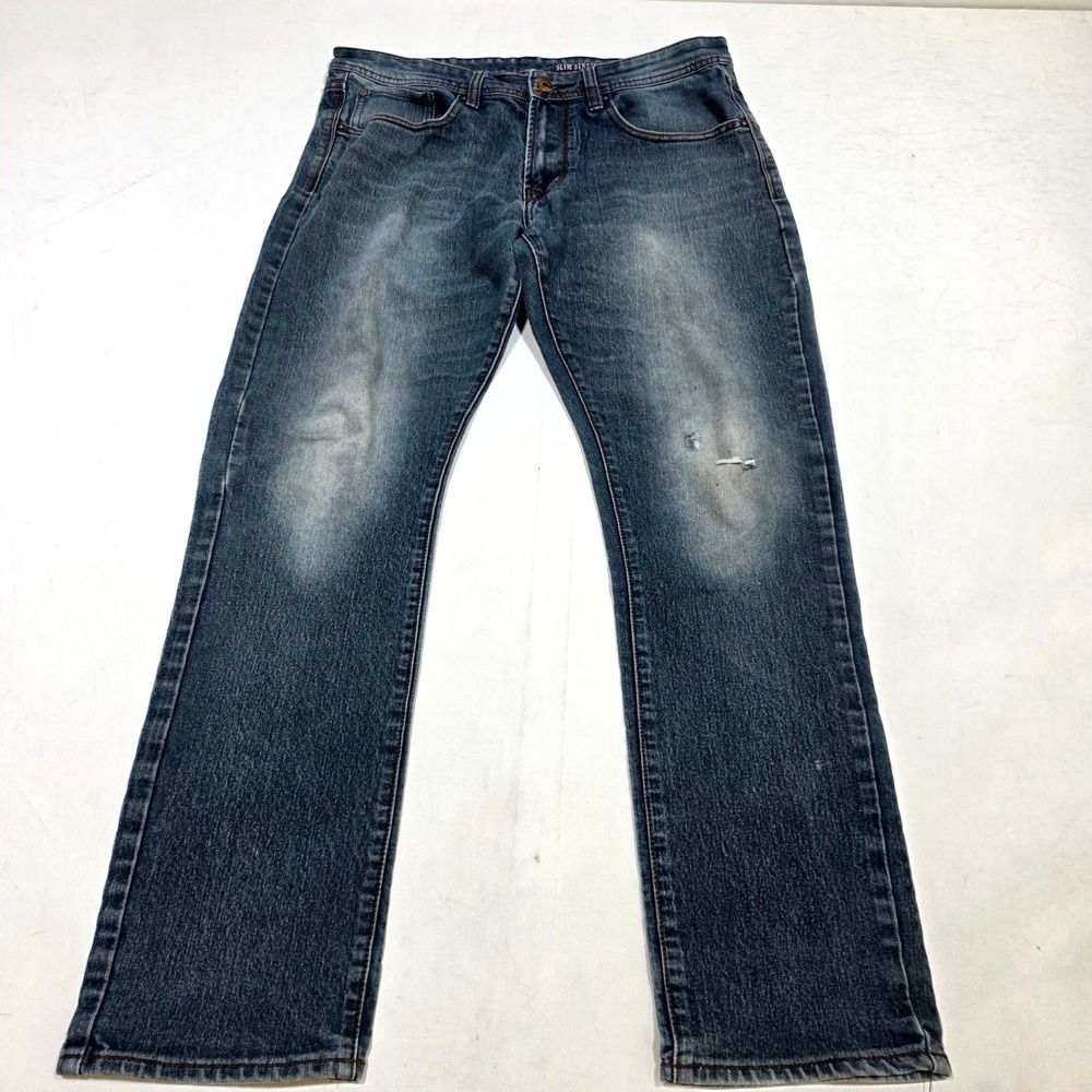 MBX Slim Stretch Jeans Mens 34 Blue Faded Distressed Premium Denim Pants